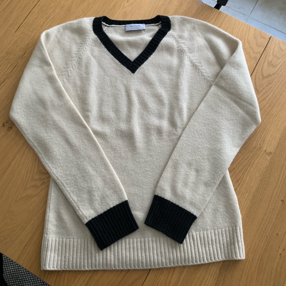 Vellum Cream and Black Cashmere V-Neck Sweater
